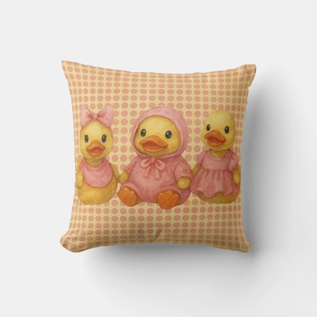 Adorable Duck Trio In Pink Outfits Throw Pillow (Front)