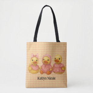 Adorable Duck Trio in Pink Outfits Tote Bag