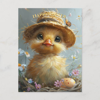 Adorable Duckling Straw Hat Easter Egg Flowers Postcard