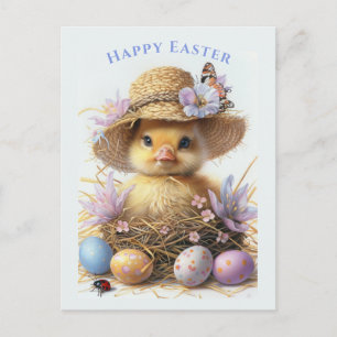 Adorable Duckling Straw Hat Easter Egg Flowers Postcard