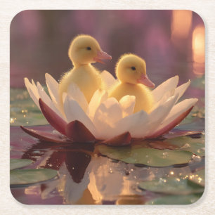 Adorable Ducklings in a Water Lily Flower Square Paper Coaster