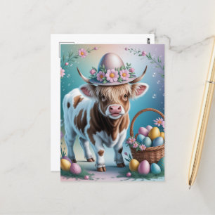 Adorable Easter Brown Spotted Highland Cow Postcard