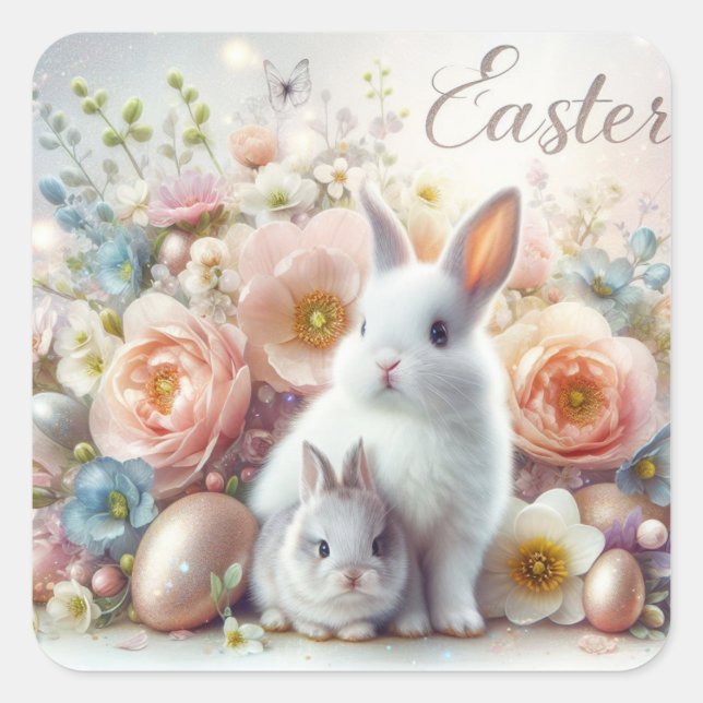 Adorable Easter Bunnies, Easter Eggs and Flowers Square Sticker (Front)