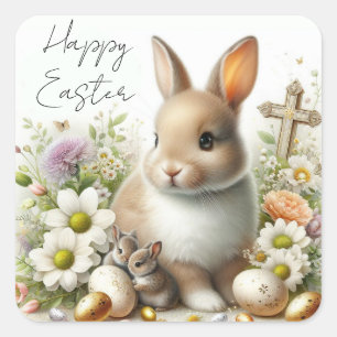 Adorable Easter Bunnies, Easter Eggs, Flowers Square Sticker