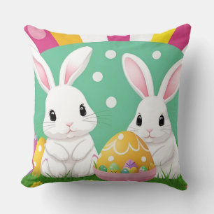 Adorable Easter Bunnies with Decorative Eggs Throw Pillow