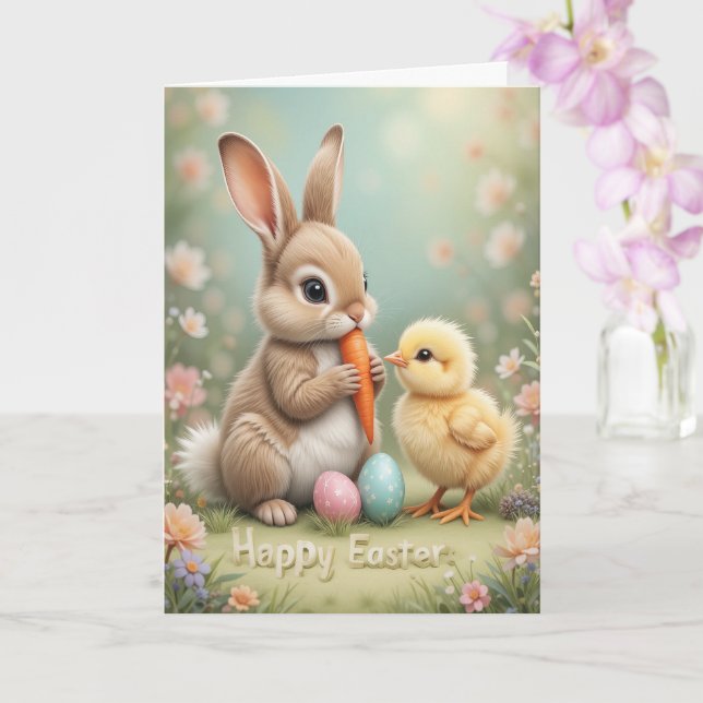 Adorable Easter Bunny and Chick Spring Greeting  Card (Orchid)