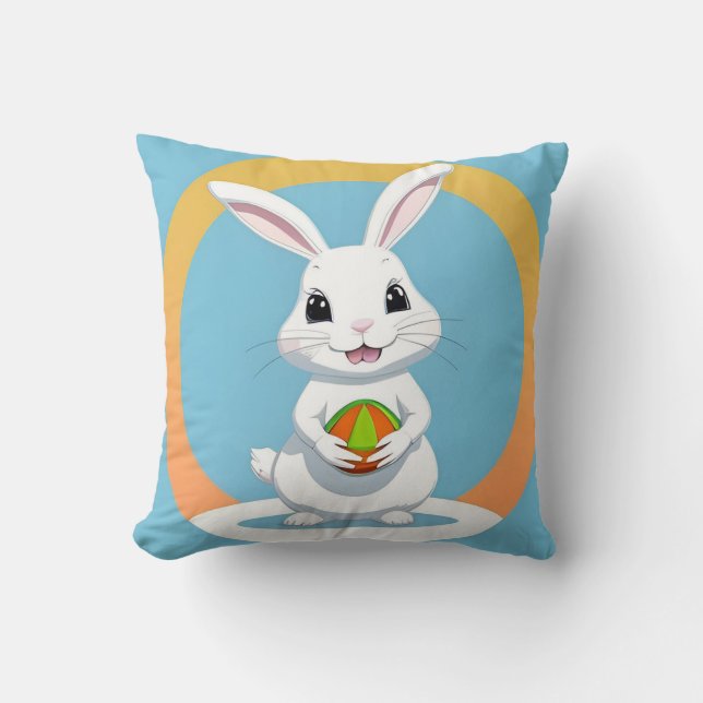Adorable Easter Bunny Holding Basket Throw Pillow (Front)