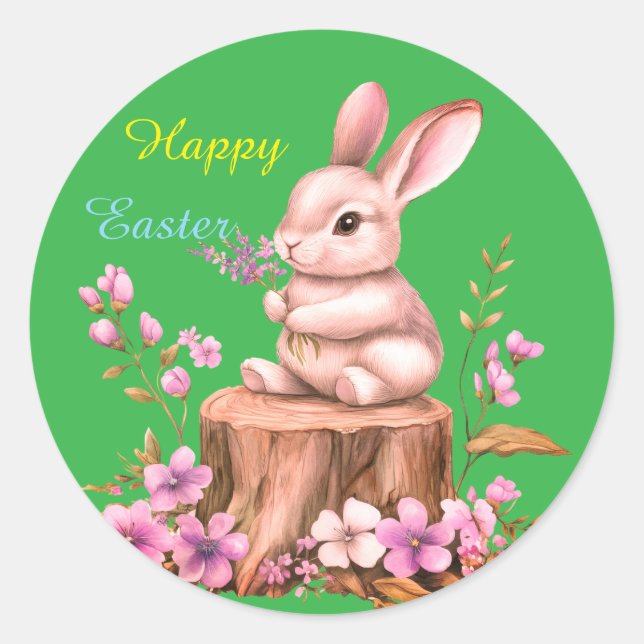 Adorable Easter Bunny on Tree Stump Sticker (Front)