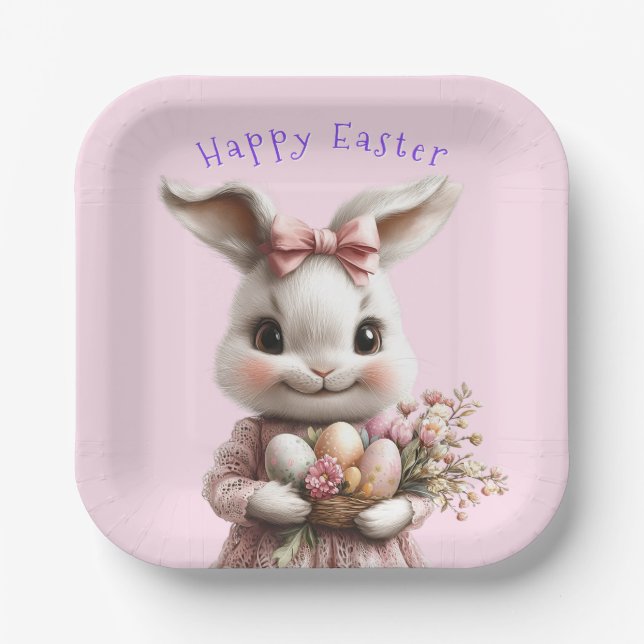 Adorable Easter Bunny Pink Bow Coloured Eggs Paper Plate (Front)