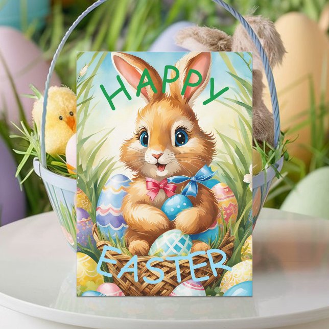 Adorable Easter Bunny Rabbit in Basket with Eggs Postcard (Creator Uploaded)