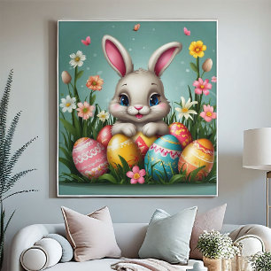 Adorable Easter Bunny with Coloured Eggs Poster