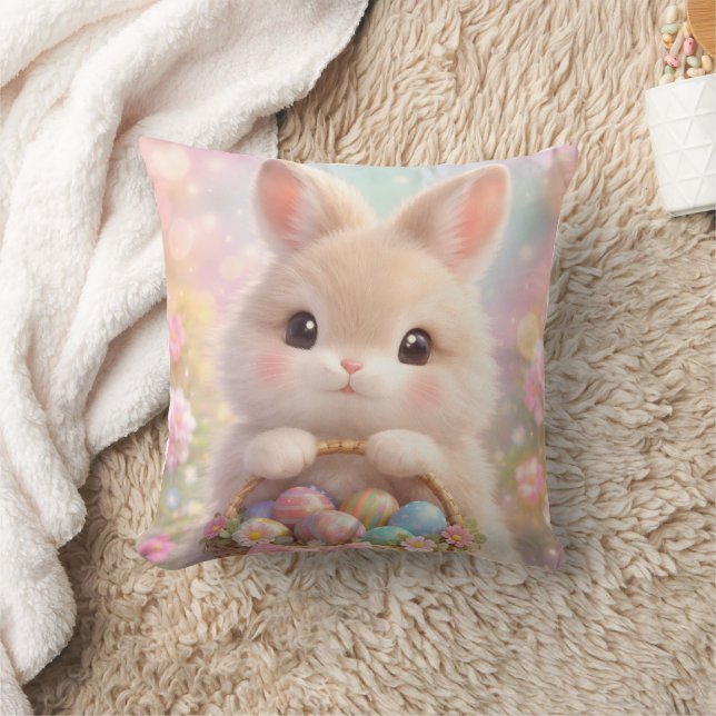 Adorable Easter Bunny with Colourful Basket of Egg Throw Pillow (Blanket)