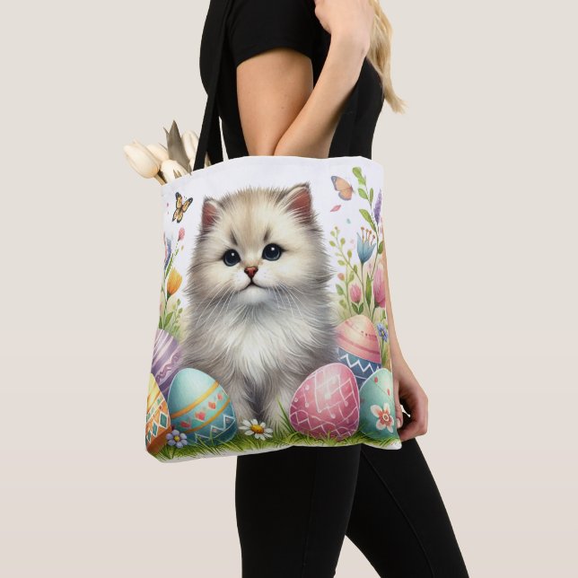 Adorable Easter Cat Tote Bag – Watercolor Design (Close Up)