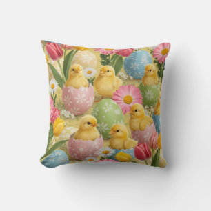 Adorable Easter Chicks & Floral Eggs Pattern Throw Pillow