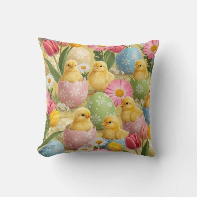 Adorable Easter Chicks & Floral Eggs Pattern Throw Pillow (Front)