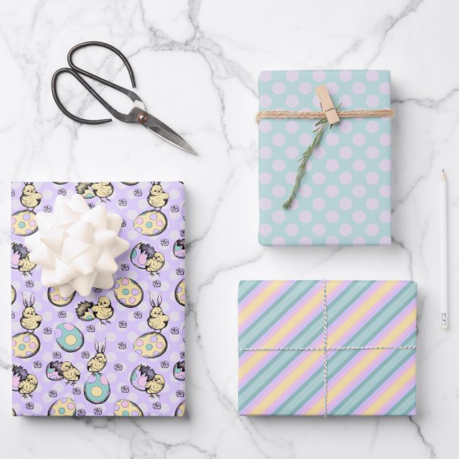 Adorable Easter Drawing and Pastel Easter Pattern Wrapping Paper Sheet (Front)