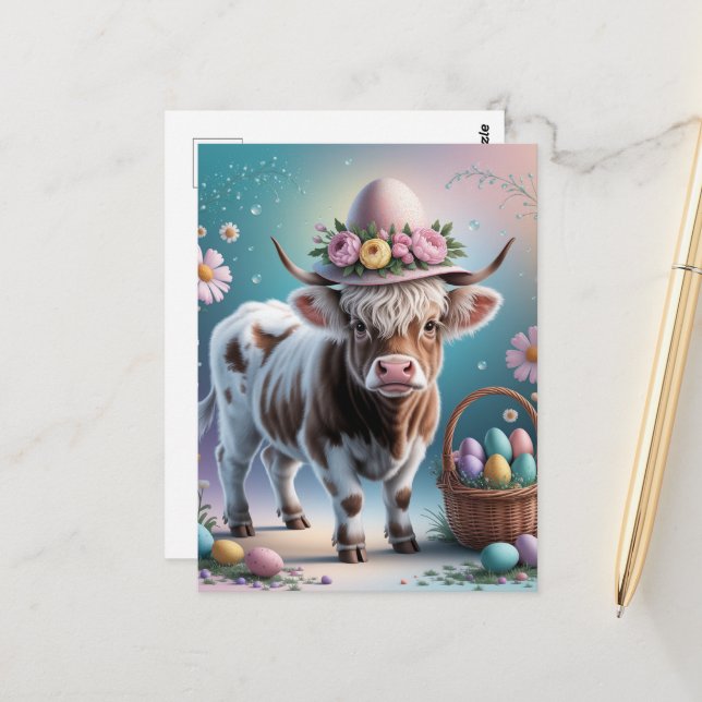 Adorable Easter Highland Cow Postcard (Front/Back In Situ)
