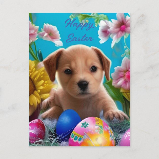 Adorable Easter Puppy, Flowers and Eggs  Postcard (Front)