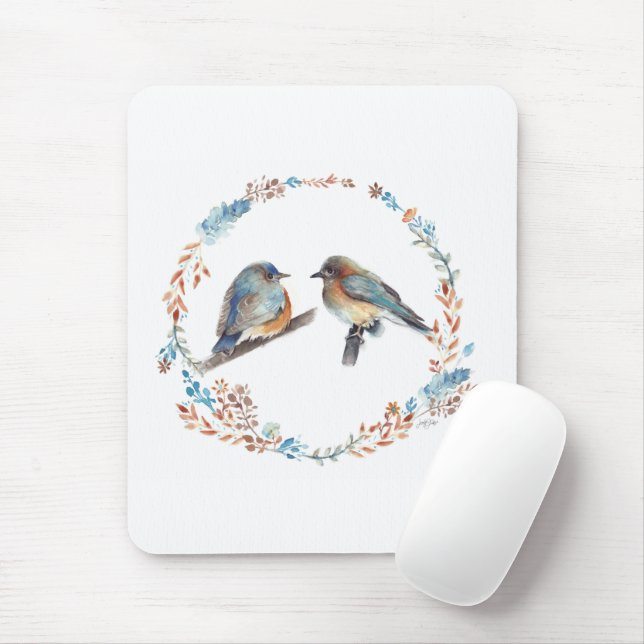 Adorable Eastern Bluebird Couple Floral Wreath Mouse Pad (With Mouse)