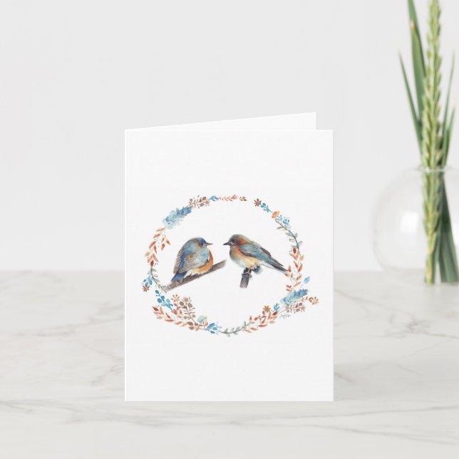 Adorable Eastern Bluebird Couple Floral Wreath Note Card (Front)