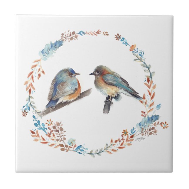 Adorable Eastern Bluebird Couple Floral Wreath Tile (Front)