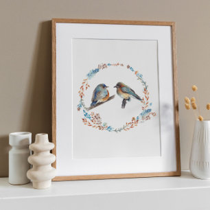 Adorable Eastern Bluebird Couple Watercolor Art Poster