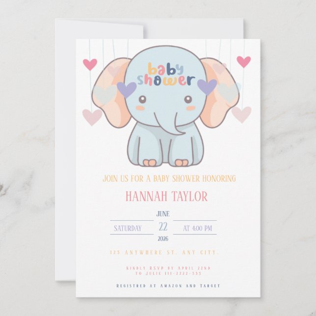 Adorable Elephant Baby Shower Invitation (Devant)