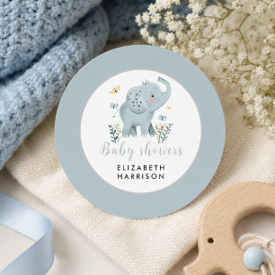 Adorable Elephant Blue Baby Boy Shower Classic Round Sticker