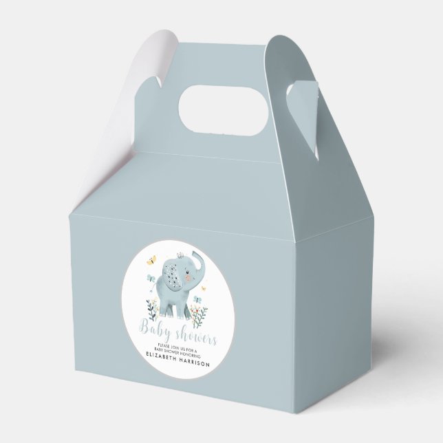 Adorable Elephant Blue Baby Boy Shower Favor Box (Front Side)