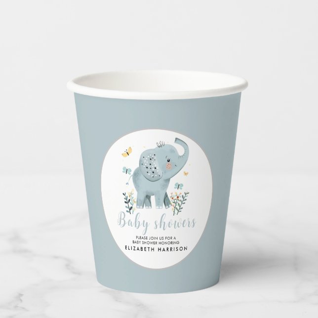 Adorable Elephant Blue Baby Boy Shower Paper Cups (Front)