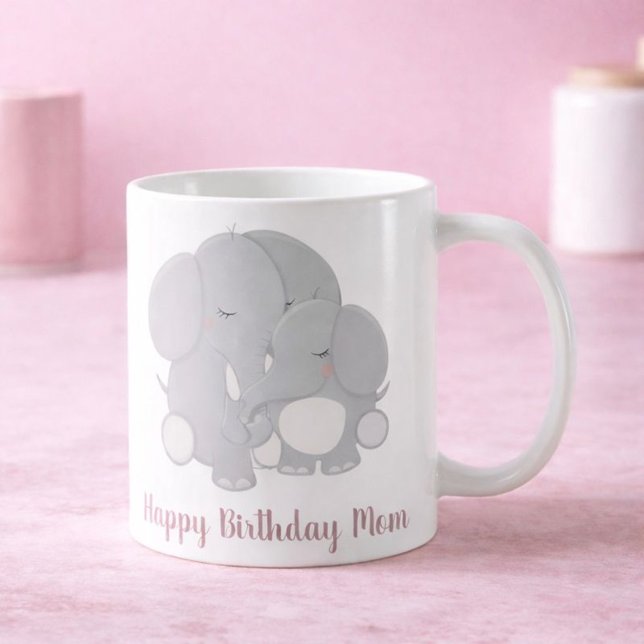 Adorable Elephant Cuddles Happy Birthday Mom Coffee Mug (Creator Uploaded)