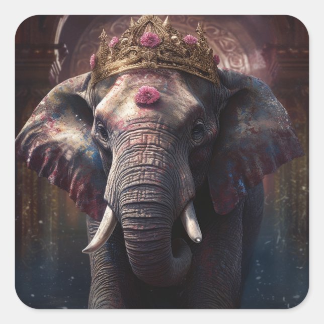 Adorable Elephant in a Crown Square Sticker (Front)