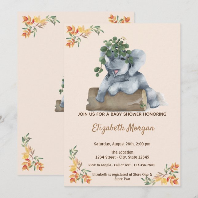 Adorable Elephant, Leaves Baby Shower Invitation (Front/Back)