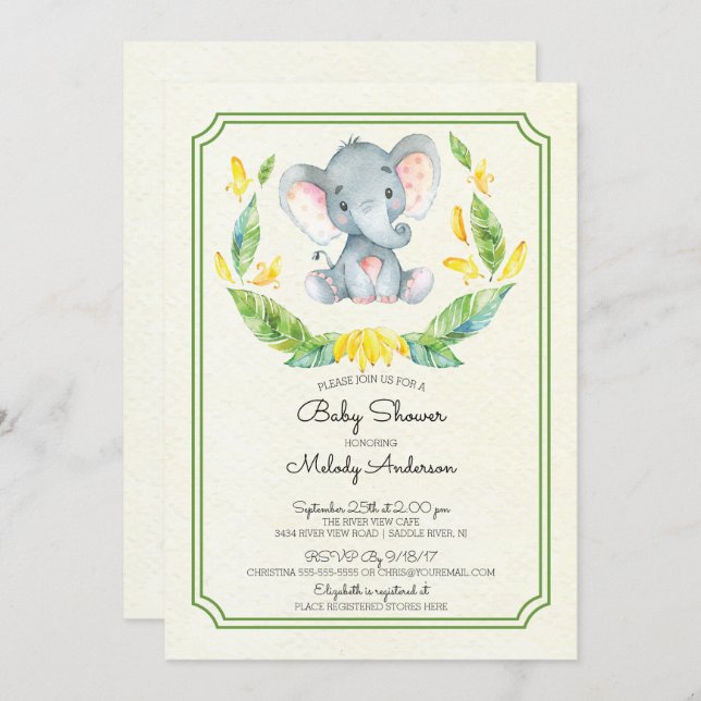 Adorable éléphant Neutre Baby shower Invitation (Devant / Derrière)