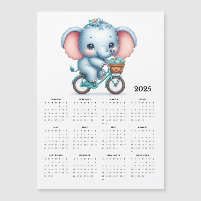 Adorable éléphant sur un vélo 2025 Magnet Calendar (Devant)