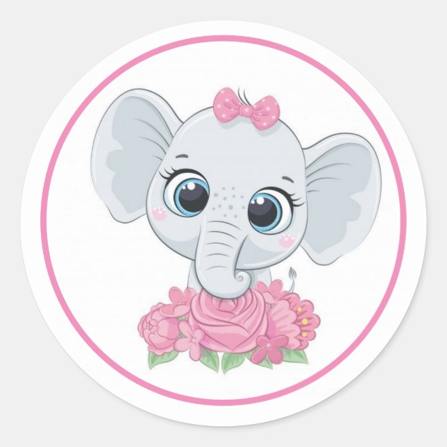 Adorable Elephant With Pink Flowers   Classic Round Sticker (Front)