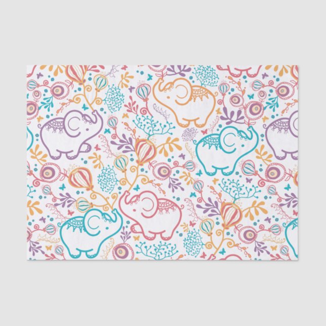 Adorable Elephants And Flowers Tissue Paper (Front)