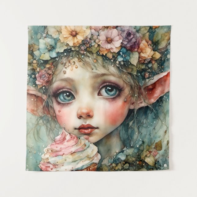 Adorable Elf With a Cupcake Tapestry (Front)