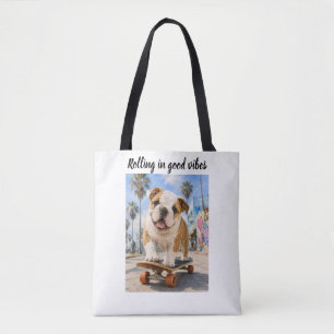 ADORABLE ENGLISH BULLDOG ON SKATE BOARD TOTE BAG