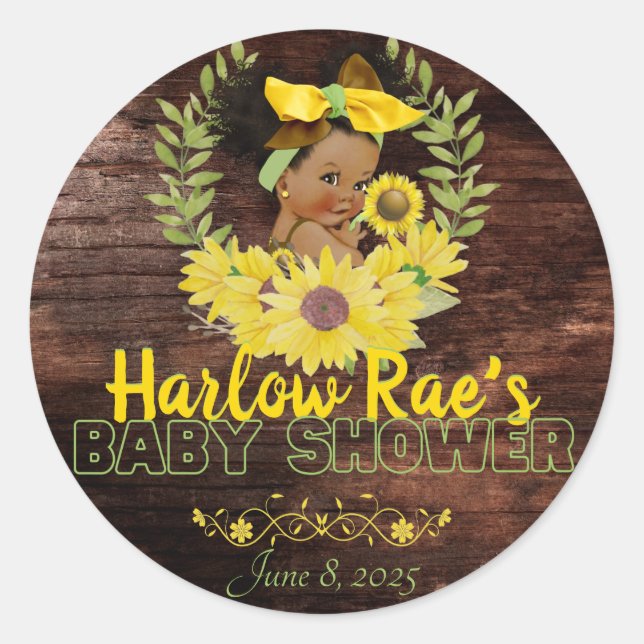 Adorable Ethnic Baby Girl | Yellow Sunflower Classic Round Sticker (Front)