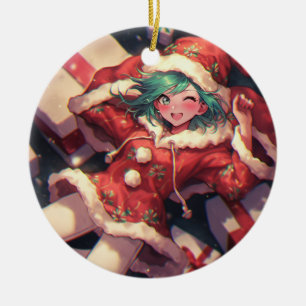 Adorable Excited Santa Anime Girl and Presents Ceramic Ornament