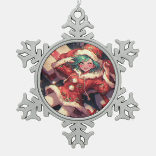 Adorable Excited Santa Anime Girl and Presents Snowflake Pewter Christmas Ornament