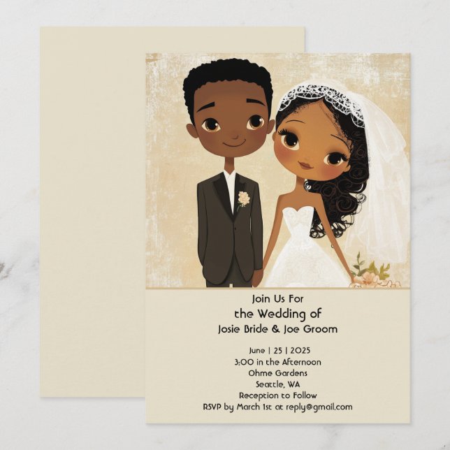 Adorable faire-part de mariage afro-américain (Devant / Derrière)