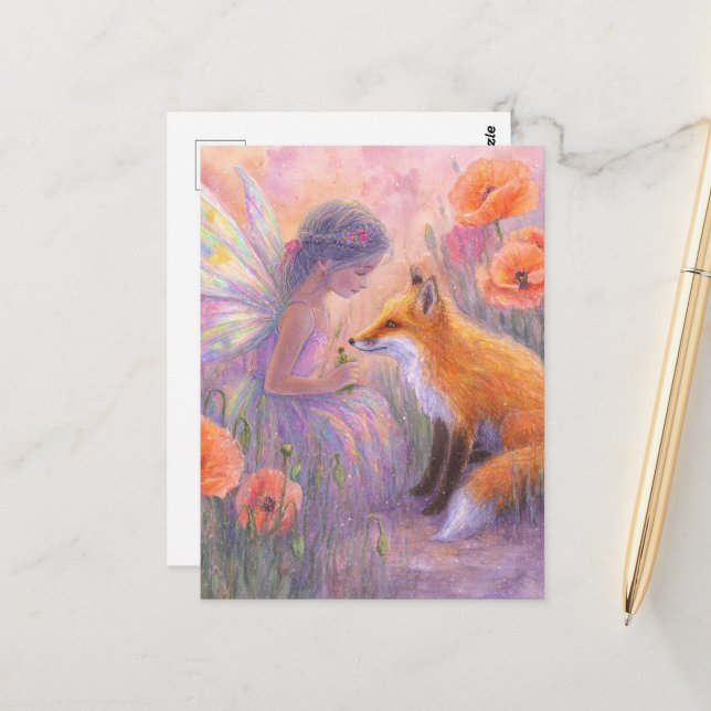 Adorable Fairy and a Red Fox Postcard (Front/Back In Situ)
