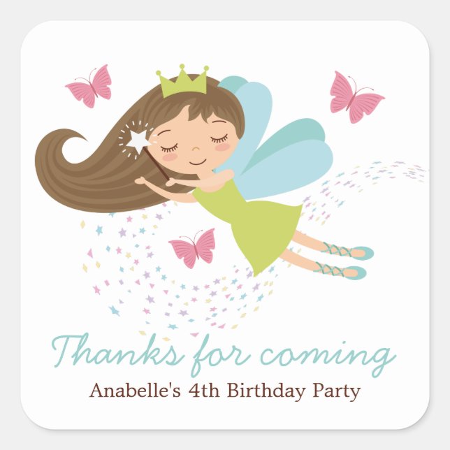 Adorable Fairy Princess Girls Birthday Square Sticker (Front)
