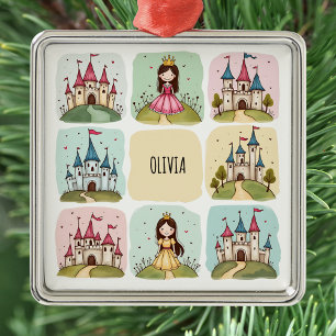 Adorable Fairy Tale Castle & Princess Doodles Metal Ornament