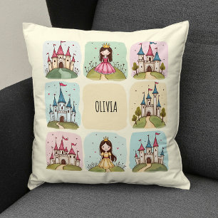 Adorable Fairy Tale Castle & Princess Doodles Throw Pillow