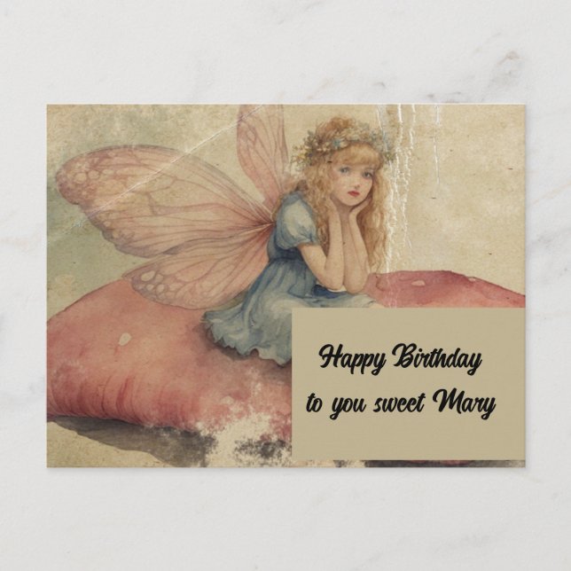  Adorable Fairy Vintage Grunge Birthday Postcard (Front)