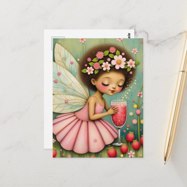 Adorable Fairy With a Sparkling Drink Postcard (Front/Back In Situ)