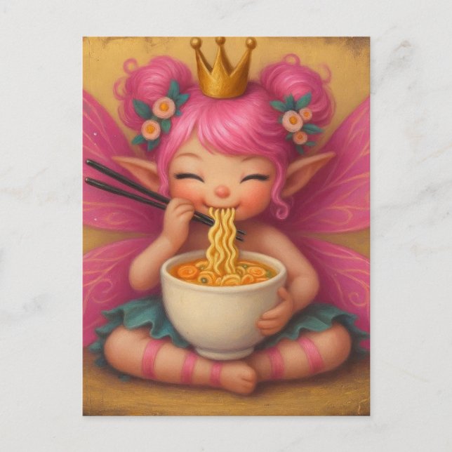 Adorable Fairy With Pink Hair Eating Ramen Postcard (Front)